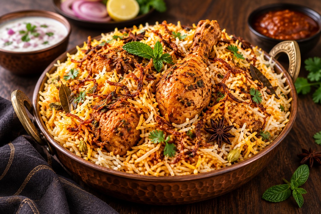 Fresh chicken biryani made to order
